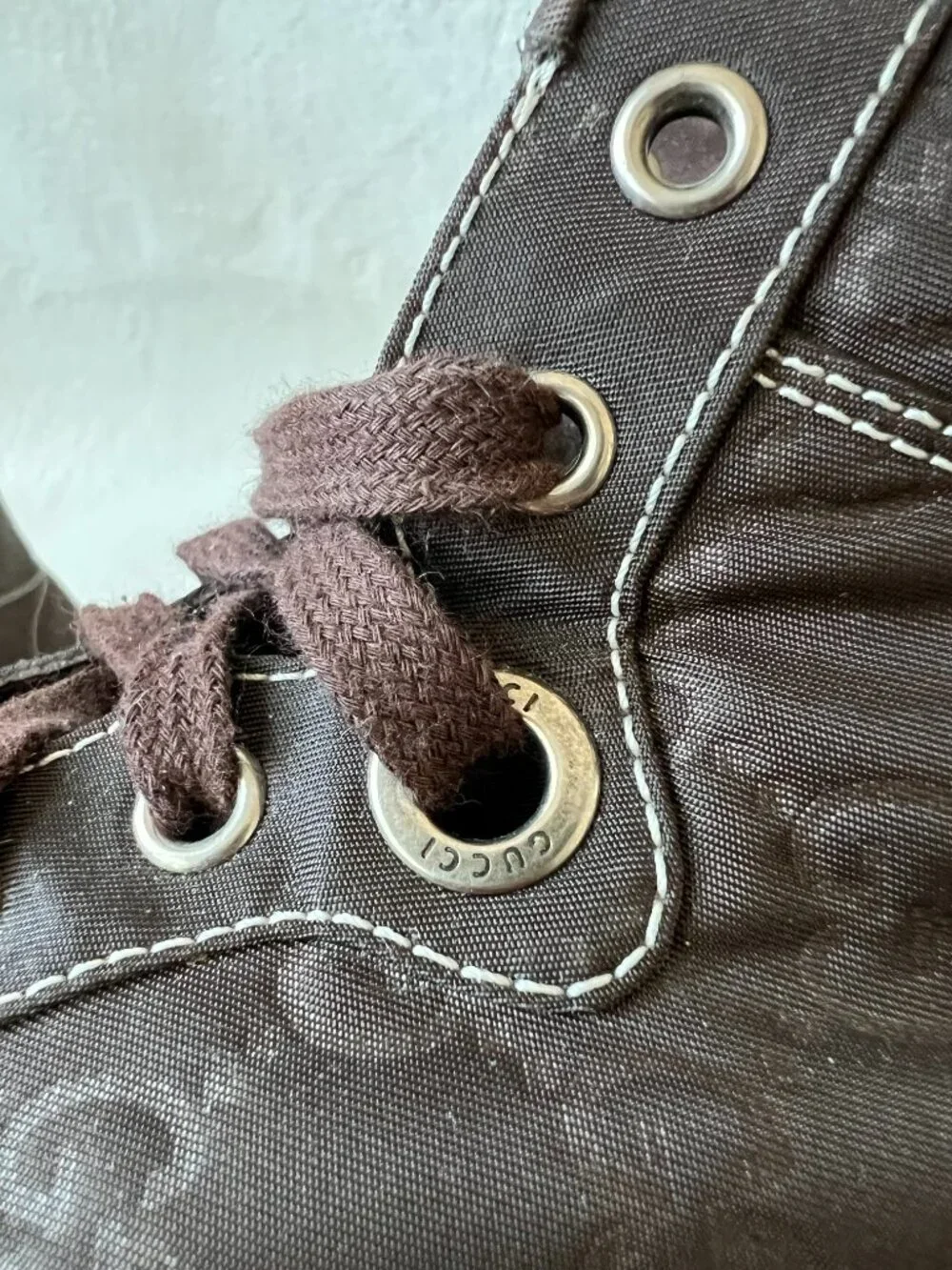 Gucci sneakers GG nylon brown leather 8.5 US 9 mens lace up high top shoes